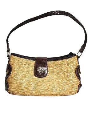 Marlo Wicker Woven Purse Bag Heart Clasp Vintage Tan Brown Braided Strap